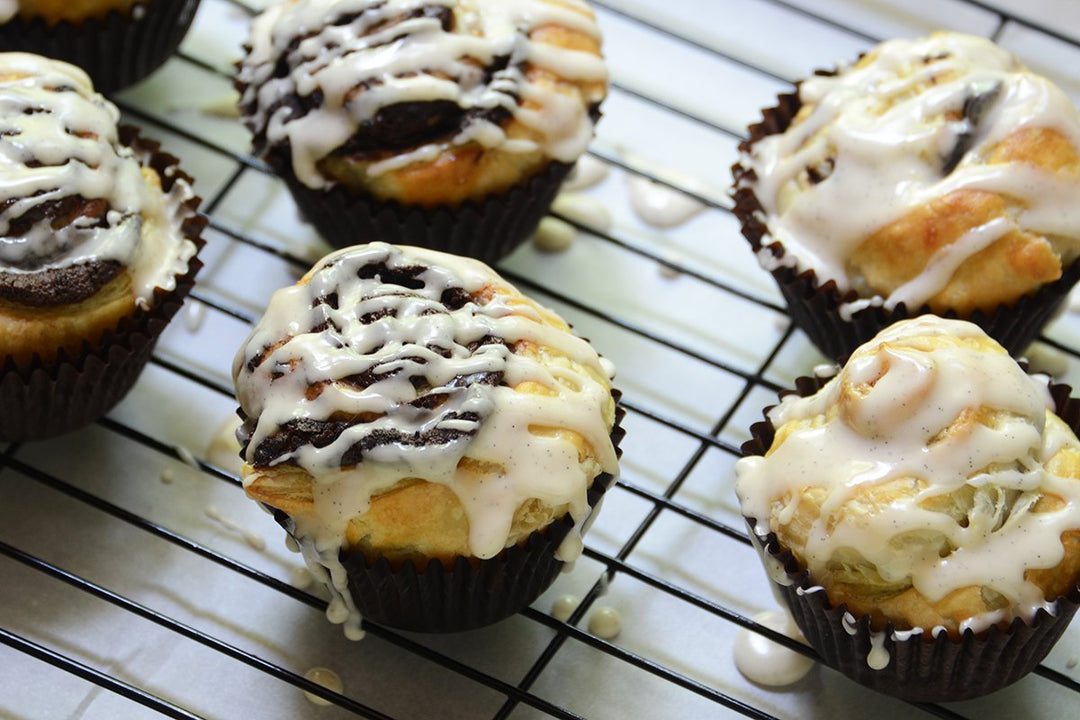 Five-Ingredient Puff Pastry Chocolate Hazelnut Muffins with Vanilla Bean Glaze