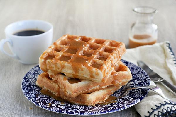 Yeasted Peanut Butter Waffles with Peanut Butter Syrup
