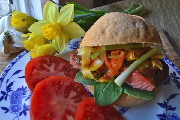 Peanut Butter Glazed Salmon Burgers with Winter Slaw