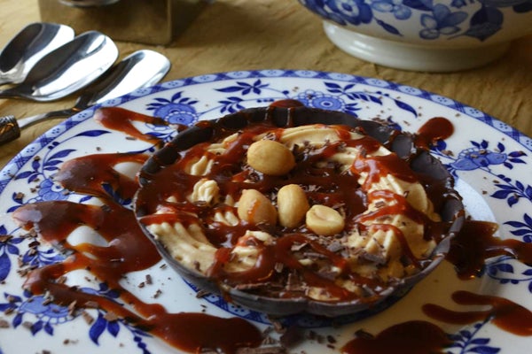 Peanut Butter Mousse in Chocolate Cups with PB Caramel Sauce