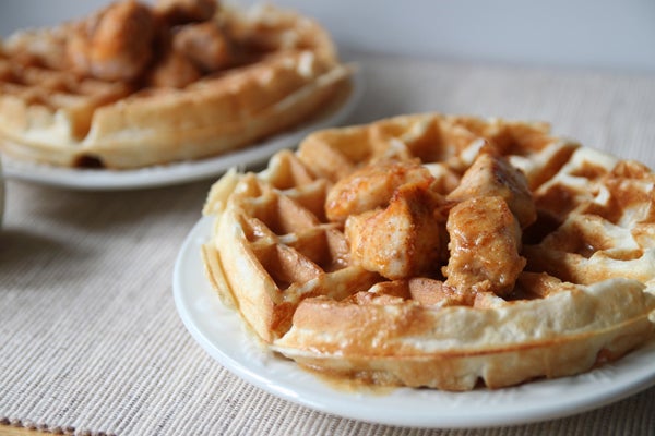 Chicken Bites and Peanut Butter Waffles with PB and Honey Glaze