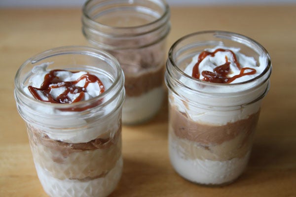 Peanut Butter, Dark Chocolate, and Salted Caramel Layered Mousse Parfaits