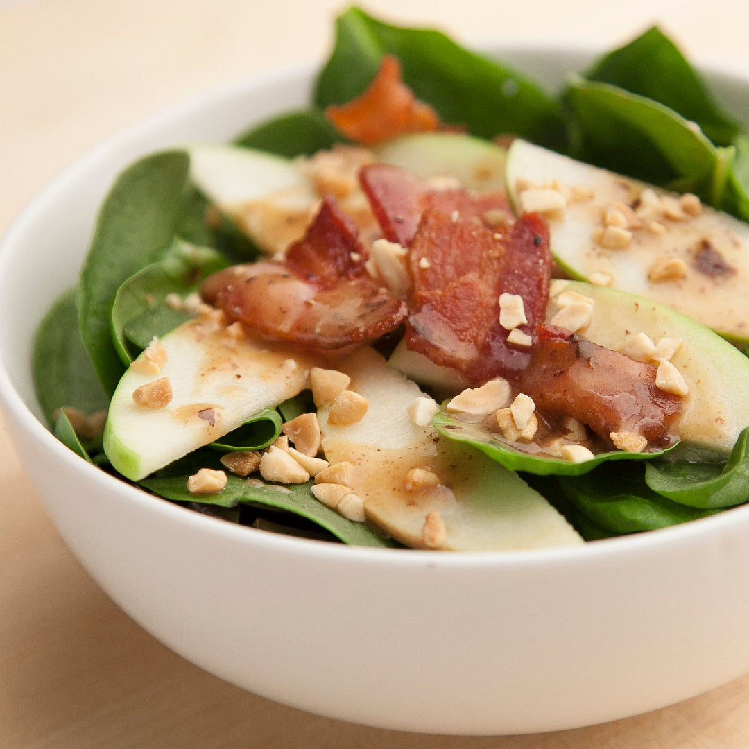 VIDEO RECIPE: Spinach Salad with Warm Maple Peanut Butter Bacon Dressing