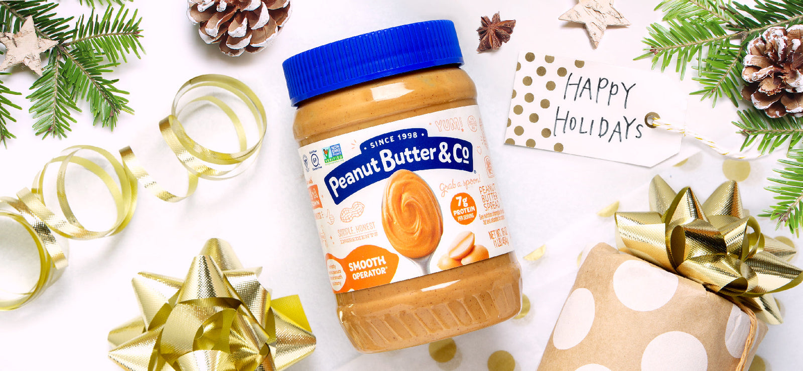 Peanut butter arranged on a table with gift wrapping