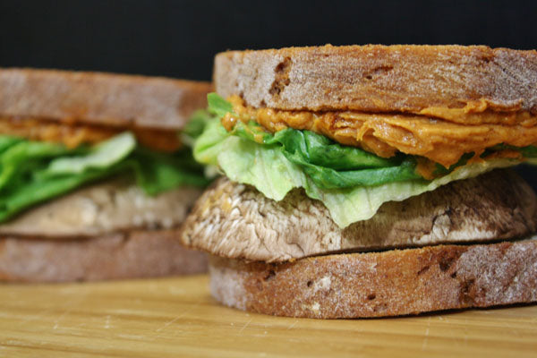Portabella Sandwiches with Roasted Garlic Red Pepper Peanut Butter Spread