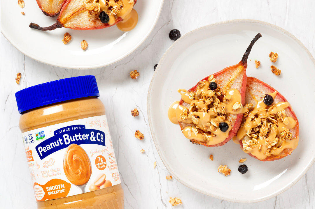 Baked Pears with Granola & Peanut Butter Sauce