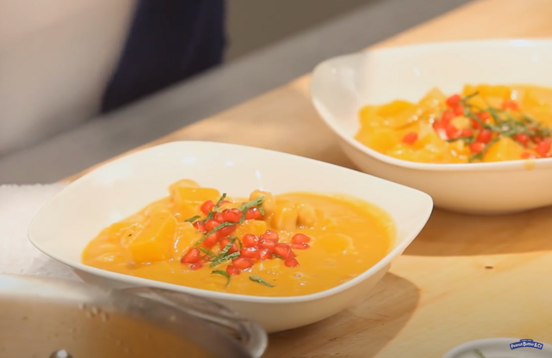 VIDEO RECIPE: Peanut Butter, Chickpea and Pumpkin Soup with Mint and Pomegranate