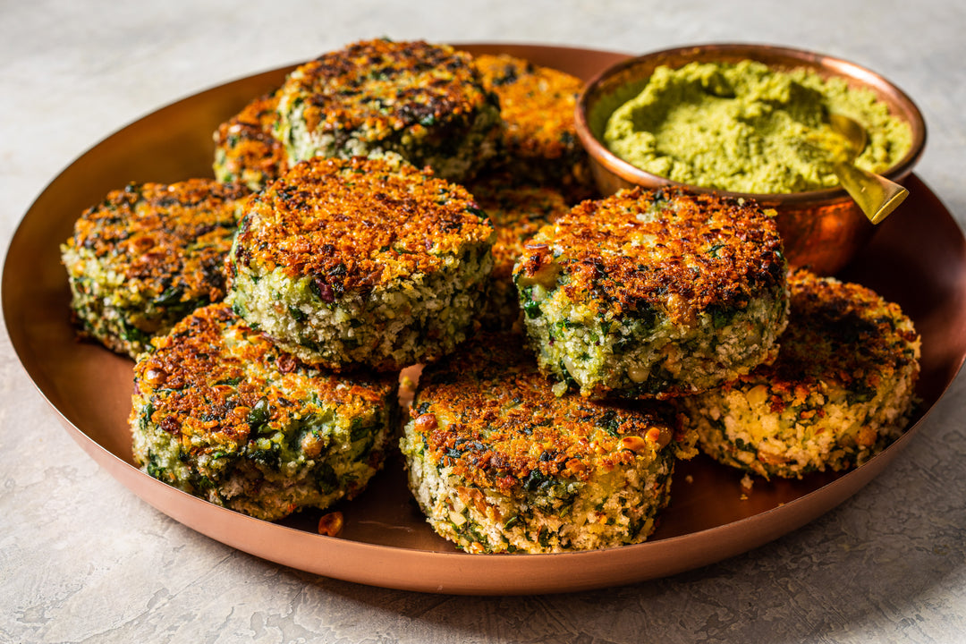 Aloo Paalak Mungphali Tikki (Vegetable Patties with Spinach, Peanut, and Potato)