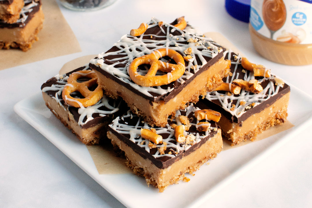 White Chocolatey Peanut Butter Fudge Bars with Salted Pretzel Crust
