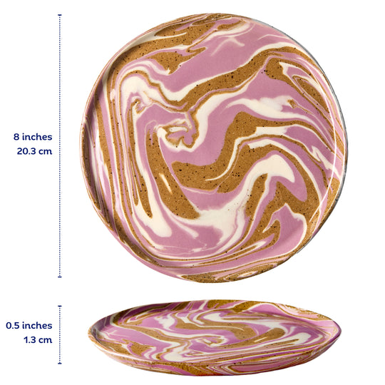 Marbled ceramic plate with pink, brown, and white design, shown with measurements on a white background.