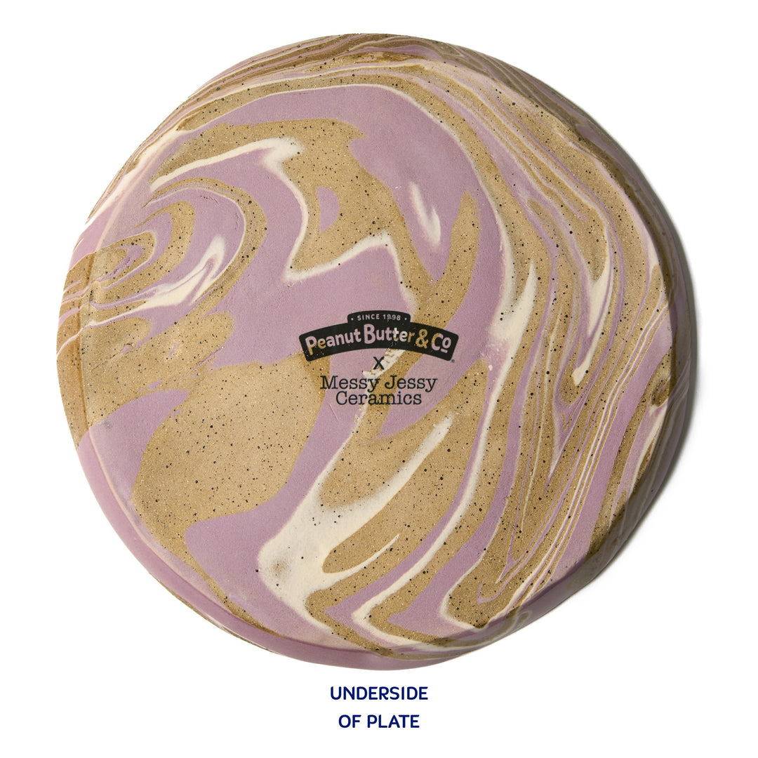 Marbled ceramic plate with peanut butter and jelly design and 'Peanut Butter & Co' branding.